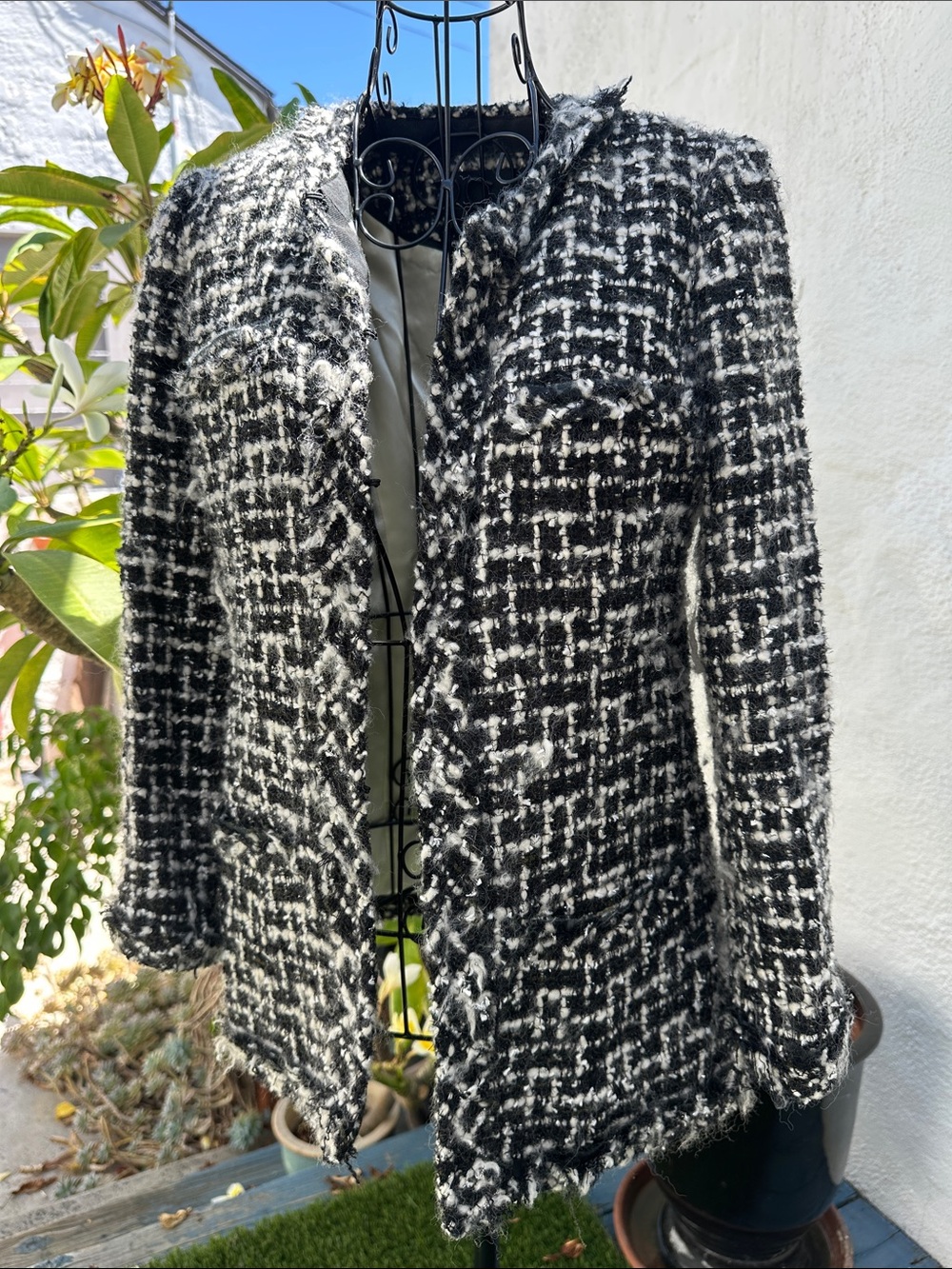 J.Crew Women's Black & White Tweed Fringe Coat Jacket